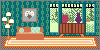 A tiny teal room with a couch, lamp, and a sideboard in front of a large window with trees outside