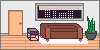 a tiny 'mod' style living room with a couch, large plant, and a night city skyline visible out the window.